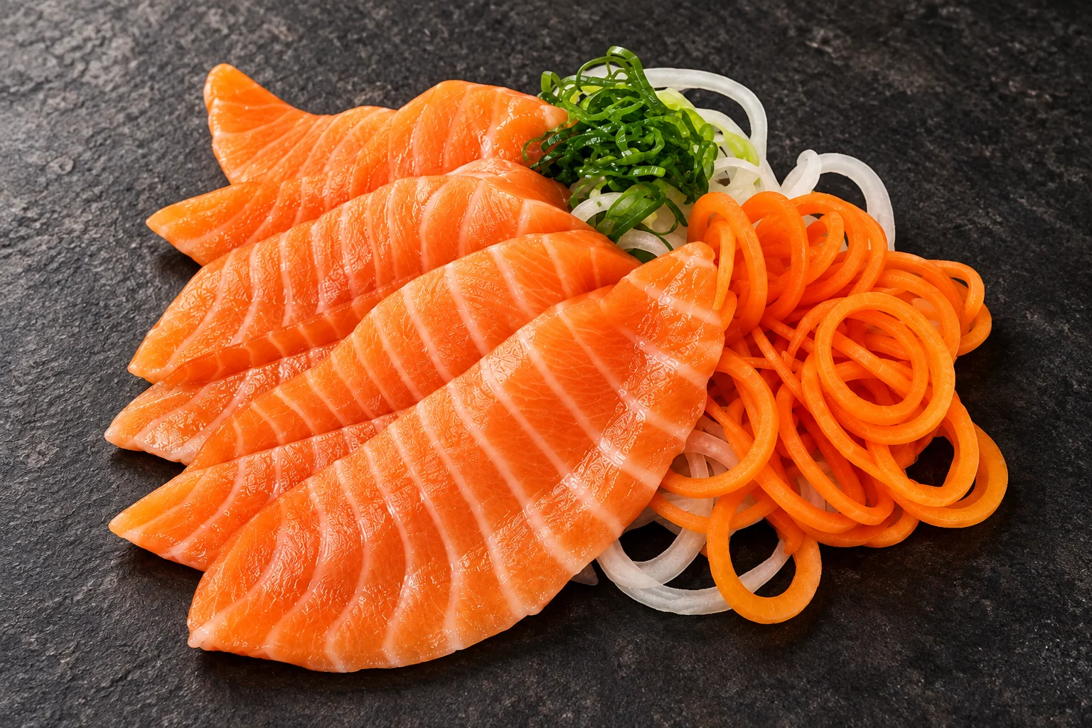 Lachs-Sashimi vor dunklem Hintergrund